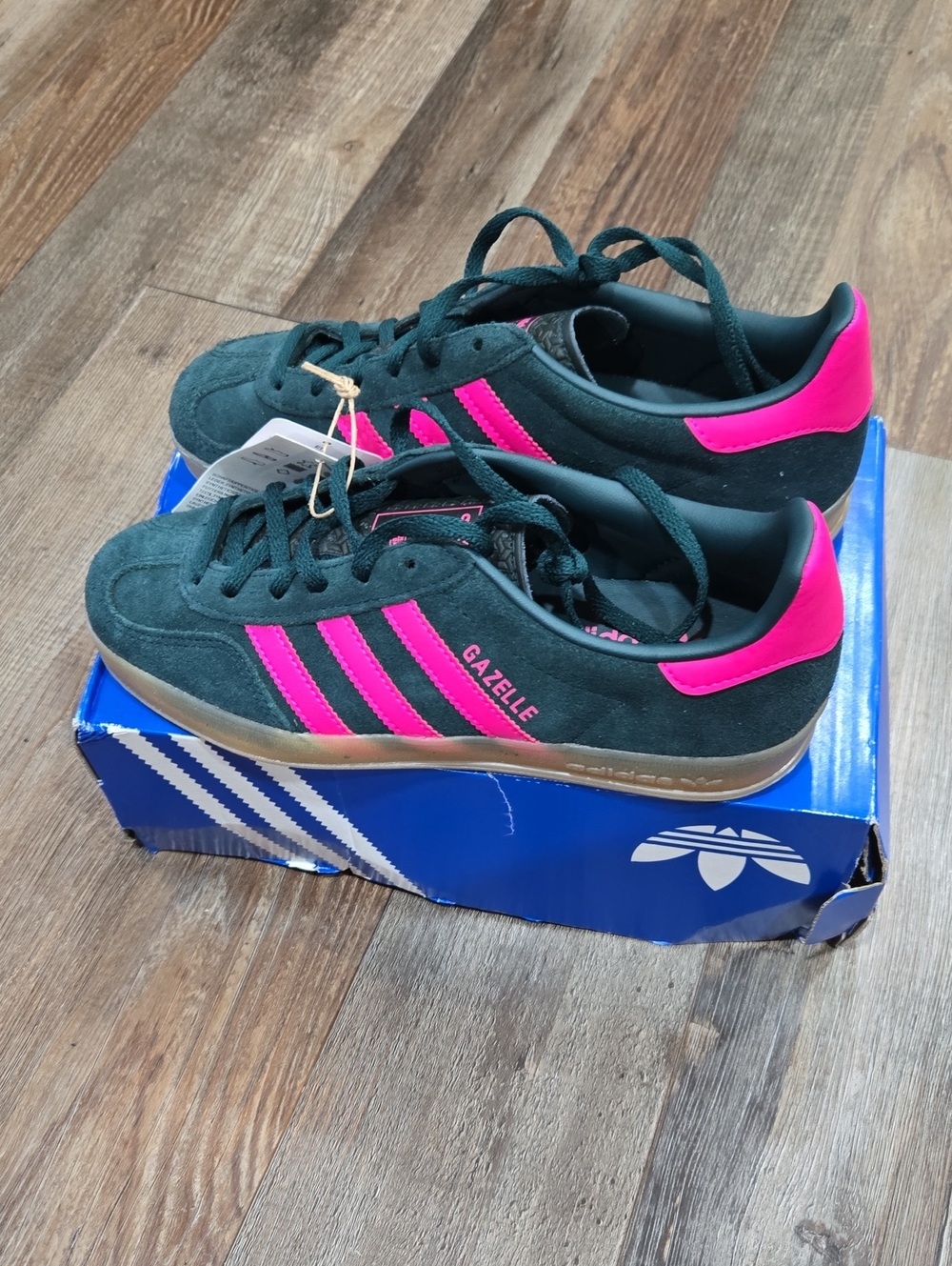 adidas Gazelle Suede Sneakers in Dark Green with Bright Pink Accents